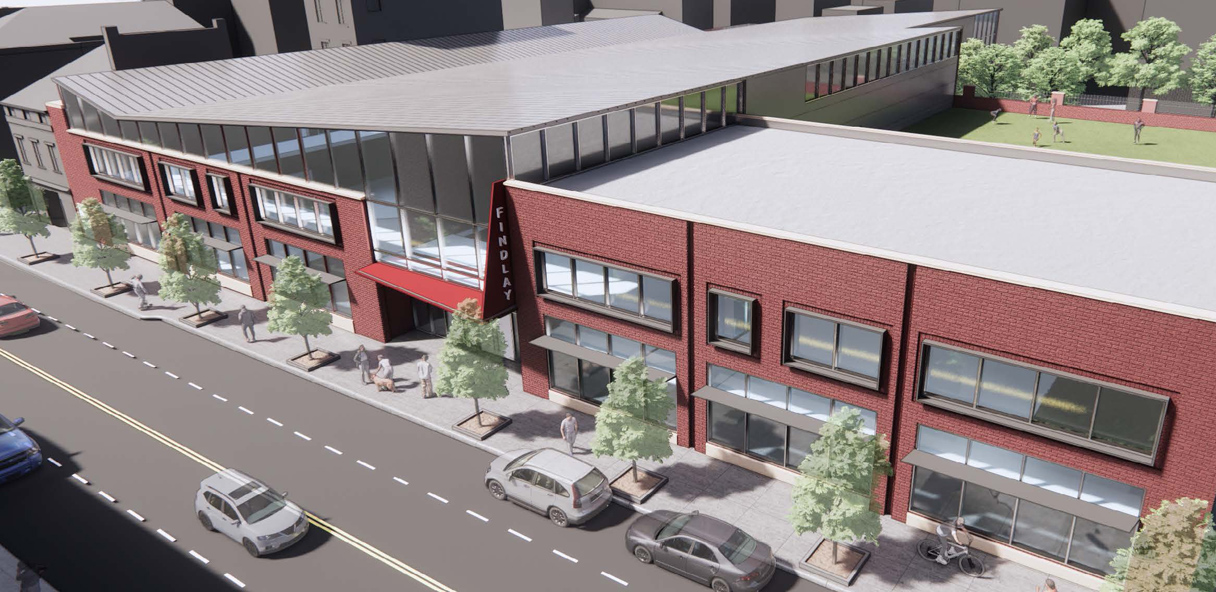 Aerial rendering of a two-story brick building with large glass windows and a triangular sign that says 